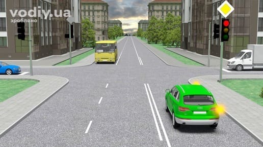 Червоний сигнал світлофора та дорожній знак 2.3 «Головна дорога» на регульованому перехресті, зелений автомобіль з правим покажчиком повороту.