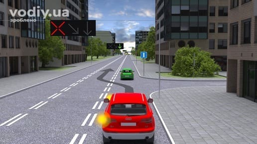 Червоний автомобіль перед перехрестям, червоний хрест реверсивного світлофора та дорожній знак 5.5 «Дорога з одностороннім рухом».