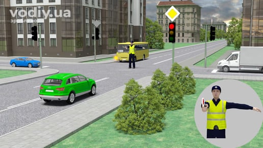 Регулювальник на перехресті, дорожній знак 2.3 «Головна дорога», червоний сигнал світлофора, автобус та легкові автомобілі перед перехрестям.