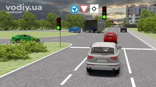 В’їзд на перехрестя з круговим рухом, дорожні знаки: 4.10 «Круговий рух», 2.1 «Дати дорогу», табличка 7.8 «Напрямок головної дороги»