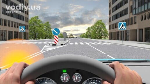 Дорожні знаки: 5.38.1 «Пішохідний перехід», 4.7 «Об’їзд перешкоди з правого боку», острівець безпеки та розворот на пішохідному переході в місті.