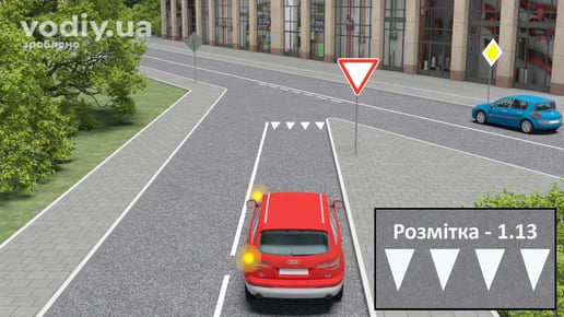 Червоний автомобіль перед перехрестям, дорожні знаки 2.1 «Дати дорогу», 2.3 «Головна дорога» та горизонтальна дорожня розмітка 1.13.