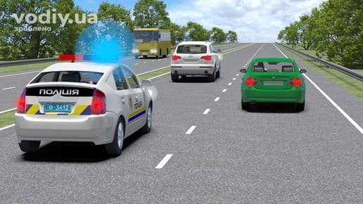 Автомобіль поліції з увімкненим синім проблисковим маячком на дорозі поза населеним пунктом, рух спецтранспорту з пріоритетом.