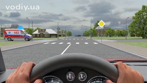 Дорожній знак 2.3 «Головна дорога», автомобіль швидкої допомоги з увімкненим синім проблисковим маячком на перехресті. Перевага руху спецтранспорту.