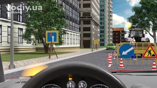 Дорожні знаки: 2.6 «Перевага перед зустрічним рухом», 4.7, 1.37. Обмежений зустрічний роз'їзд через дорожні роботи та конуси на проїзній частині.