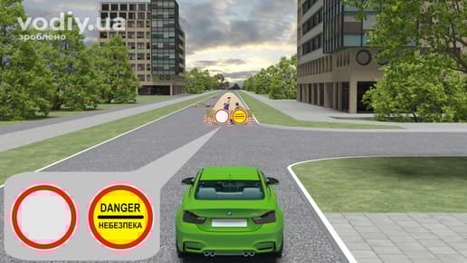 Зелений автомобіль перед перекриттям дороги, дорожні знаки: 3.1 «Рух заборонено», 3.43 «Небезпека». Обмеження в'їзду в зону дорожніх робіт.