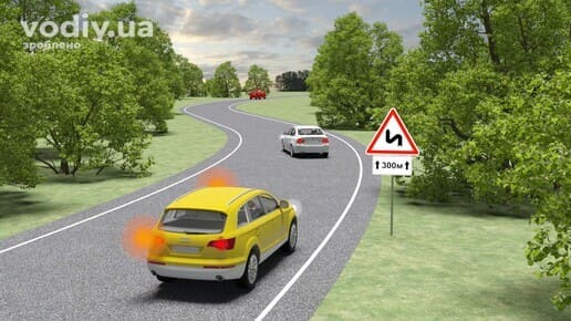 Дорожні знаки: 1.3.1 «Декілька поворотів», 7.2.1 «Зона дії». Жовтий автомобіль з увімкненим покажчиком повороту на ділянці дороги з крутими поворотами.