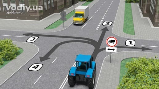 Трактор перед перехрестям, дорожні знаки: 3.3 «Рух вантажних автомобілів заборонено», 7.3.3 «Напрямок дії», стрілки напрямків руху на дорозі.