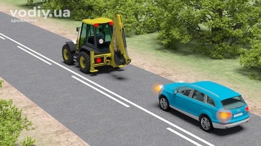 Горизонтальна дорожня розмітка 1.11, синій автомобіль з увімкненим покажчиком повороту та трактор на дорозі поза населеним пунктом.