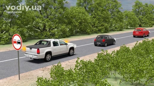 Дорожній знак 3.25 «Обгін заборонено», розмітка 1.1, білий пікап з увімкненим покажчиком повороту позаду чорного та червоного автомобілів.