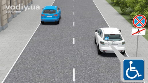 Дорожні знаки 3.34 «Зупинку заборонено», 7.18 «Крім осіб з інвалідністю», білий та синій автомобілі на стоянці біля краю проїзної частини.