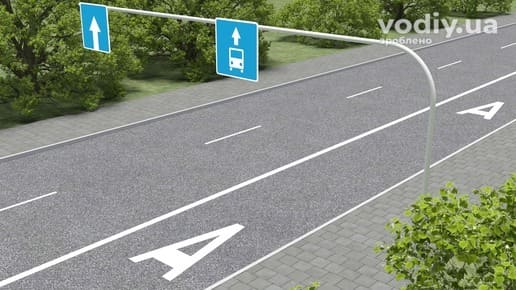 Горизонтальна дорожня розмітка 1.27, дорожні знаки 5.11 «Смуга для руху маршрутних транспортних засобів» та 5.18 «Напрямок руху по смузі»