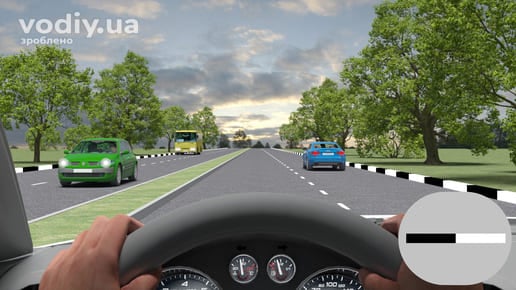 Вертикальна дорожня розмітка 2.6 — позначення бордюрів на небезпечних ділянках доріг, автомобілі на дорозі з розділювальною смугою.