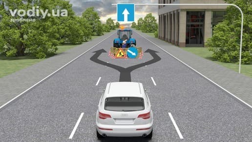 Дорожні знаки: 5.18 «Напрямок руху по смузі», 1.37 «Дорожні роботи», 4.7 «Об’їзд перешкоди з правого боку». Трактор на дорозі, край проїзної частини.