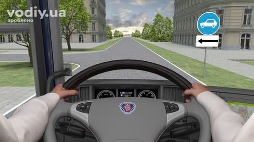 Дорожні знаки: 4.11 «Рух легкових автомобілів», 7.3.1 «Напрямок дії». Рух вантажівки понад 3,5 т на перехресті.