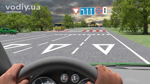 Дорожні знаки 2.1, 5.16, 3.34, 7.2.2. Горизонтальна дорожня розмітка 1.13 — місце, де водій повинен у разі потреби зупинитися, щоб дати дорогу.