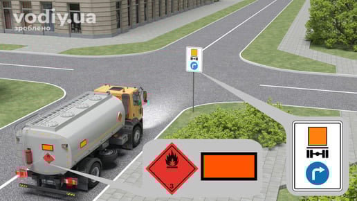 Дорожній знак 4.20.2 «Напрямок руху транспортних засобів з небезпечними вантажами» перед перехрестям, рух вантажного автомобіля з небезпечним вантажем