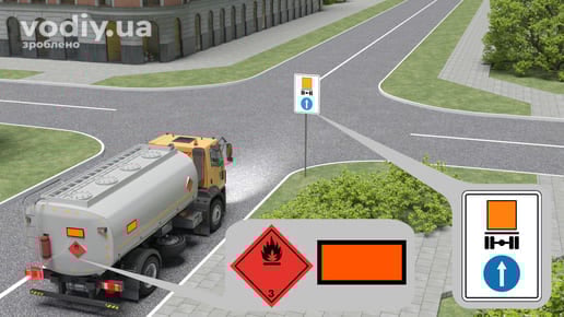 Дорожній знак 4.20.1 «Напрямок руху транспортних засобів з небезпечними вантажами», рух бензовоза на перехресті прямо.