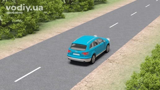 Блакитний автомобіль на дорозі поза населеним пунктом, горизонтальна дорожня розмітка 1.5 поділяє транспортні потоки протилежних напрямків.