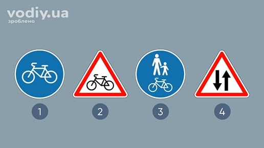 Дорожні знаки: 4.14 «Доріжка для велосипедистів», 1.34 «Виїзд велосипедистів», 4.17 «Доріжка для пішоходів і велосипедистів», 1.26 «Двосторонній рух».