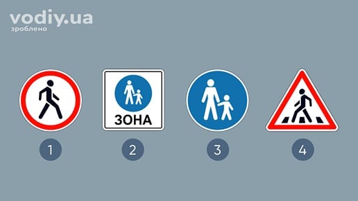Дорожні знаки: 3.9 «Рух пішоходів заборонено», 5.36 «Пішохідна зона», 4.16 «Доріжка для пішоходів», 1.32 «Пішохідний перехід».