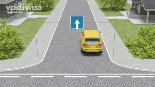 Дорожній знак 5.5 «Дорога з одностороннім рухом», жовтий автомобіль на дорозі в населеному пункті, край проїзної частини.