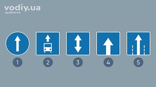 Дорожні знаки: 4.1 «Рух прямо», 5.11 «Смуга для руху маршрутних транспортних засобів», 5.13 «Дорога з реверсивним рухом», 5.5 «Дорога з одностороннім рухом», 5.18 «Напрямок руху по смузі».