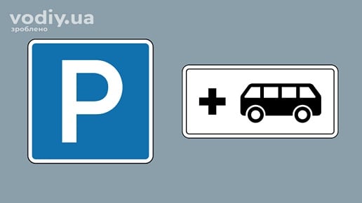 Дорожні знаки: 5.42.1 «Місце для стоянки» та табличка 7.28.2 «Вид громадського транспорту». Позначення паркувального майданчика.