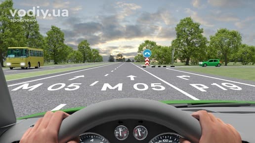 Горизонтальна дорожня розмітка 1.26 у вигляді напису М 05 та Р 19 на асфальті, дорожній знак 4.9 «Об’їзд перешкоди з правого або лівого боку».