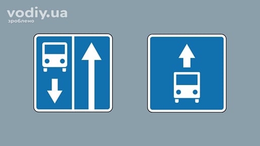 Дорожні знаки: 5.8 «Дорога із смугою для руху маршрутних транспортних засобів», 5.11 «Смуга для руху маршрутних транспортних засобів»