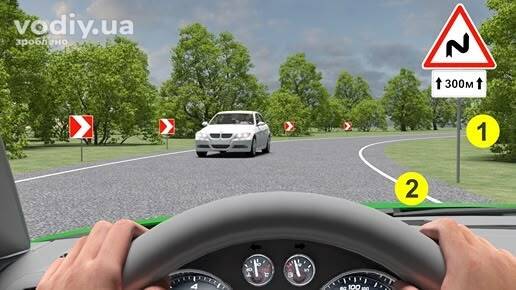 Дорожні знаки: 1.3.1 «Декілька поворотів», 7.2.1 «Зона дії», 1.4.1 «Напрямок повороту». Вид з місця водія на крутий поворот та зустрічний автомобіль.