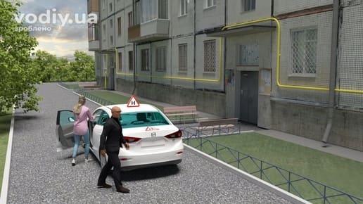 Навчальний автомобіль у дворі житлового будинку, початок або закінчення уроку водіння в житловій зоні