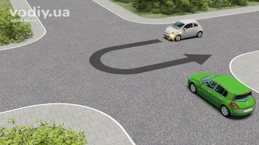 Черговість проїзду перехрестя рівнозначних доріг, білий автомобіль виконує розворот, зелений автомобіль рухається прямо.
