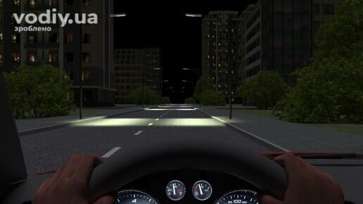 Рух автомобіля по недостатньо освітленій вулиці в темну пору доби, вигляд з місця водія на дорогу та панель приладів