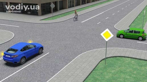 Черговість проїзду нерегульованого перехрестя, дорожній знак 2.3 «Головна дорога», поворот ліворуч синього автомобіля та зустрічний велосипедист.