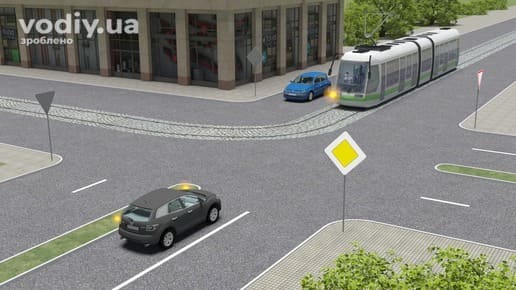 Черговість проїзду нерегульованого перехрестя, дорожній знак 2.3 «Головна дорога», поворот ліворуч чорного автомобіля, трамвай та синій автомобіль