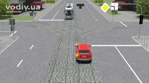 Черговість проїзду перехрестя з трамваєм, дорожні знаки: 2.3 «Головна дорога», 7.8 «Напрямок головної дороги» та вимкнений світлофор.