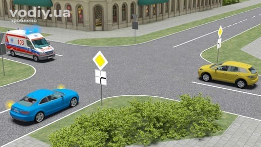 Синій та жовтий автомобілі, швидка допомога з синім маячком, дорожні знаки 2.3 «Головна дорога», 7.8 «Напрямок головної дороги» на перехресті.