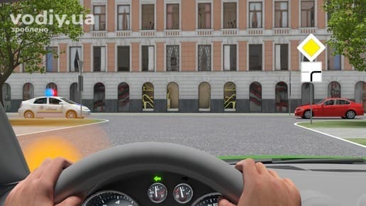 Черговість проїзду нерегульованого перехрестя, дорожні знаки: 2.3 «Головна дорога», 7.8 «Напрямок головної дороги», поліцейське авто з маячками.