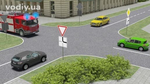 Черговість проїзду нерегульованого перехрестя, дорожні знаки 2.1 «Дати дорогу», 7.8 «Напрямок головної дороги» та пожежна машина з маячком.