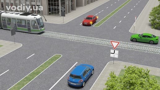 Черговість проїзду нерегульованого перехрестя, дорожні знаки 2.1 «Дати дорогу» та 7.8 «Напрямок головної дороги», трамвай і автомобілі на перехресті.