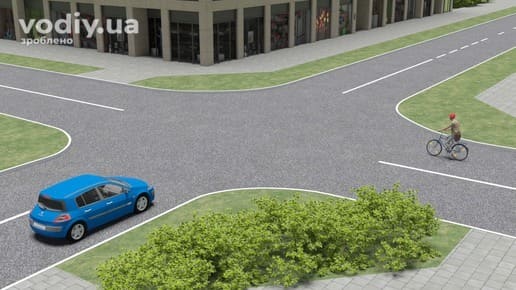 Черговість проїзду нерегульованого перехрестя рівнозначних доріг синім автомобілем і велосипедистом