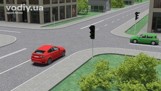 Червоний та зелений автомобілі на нерегульованому перехресті, вимкнені світлофори, черговість проїзду рівнозначних доріг.