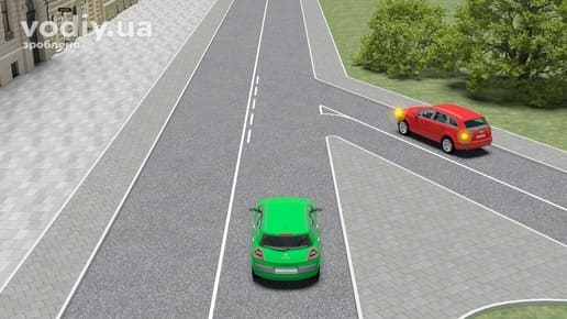 Зелений та червоний автомобілі на нерегульованому перехресті рівнозначних доріг, черговість проїзду за правилом правої руки.
