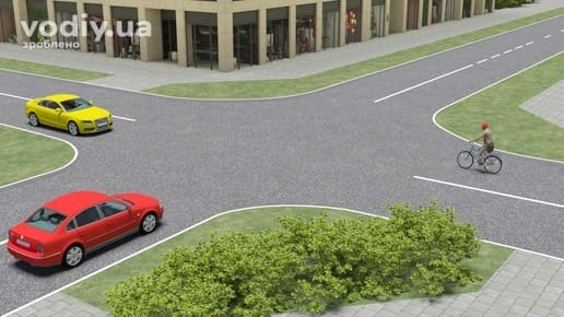 Червоний автомобіль, жовтий автомобіль та велосипедист на нерегульованому перехресті рівнозначних доріг. Пріоритет руху за правилом правої руки.