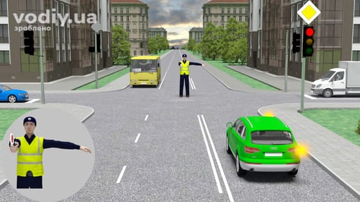 Регулювальник на перехресті, дорожній знак 2.3 «Головна дорога», працюючий світлофор з червоним сигналом та автомобілі.