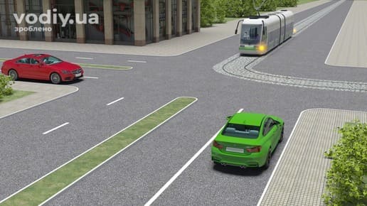 Червоний автомобіль, зелений автомобіль та трамвай на перехресті рівнозначних доріг без знаків пріоритету. Пріоритет руху трамвая.