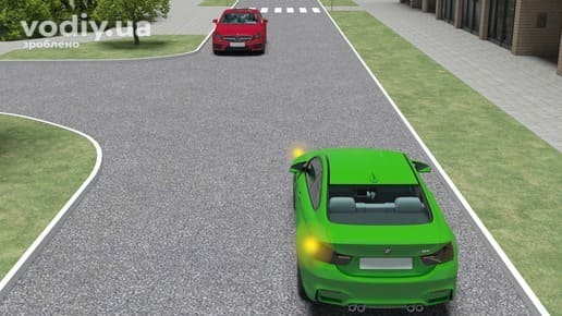 Зелений автомобіль з увімкненим лівим покажчиком повороту та зустрічний червоний автомобіль на нерегульованому перехресті рівнозначних доріг.