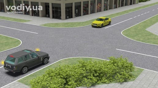 Чорний автомобіль з увімкненим лівим покажчиком повороту та жовтий автомобіль на нерегульованому перехресті рівнозначних доріг.