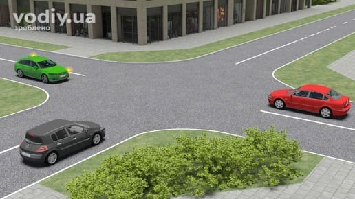 Червоний, чорний та зелений автомобілі на нерегульованому перехресті рівнозначних доріг, правило правої руки.